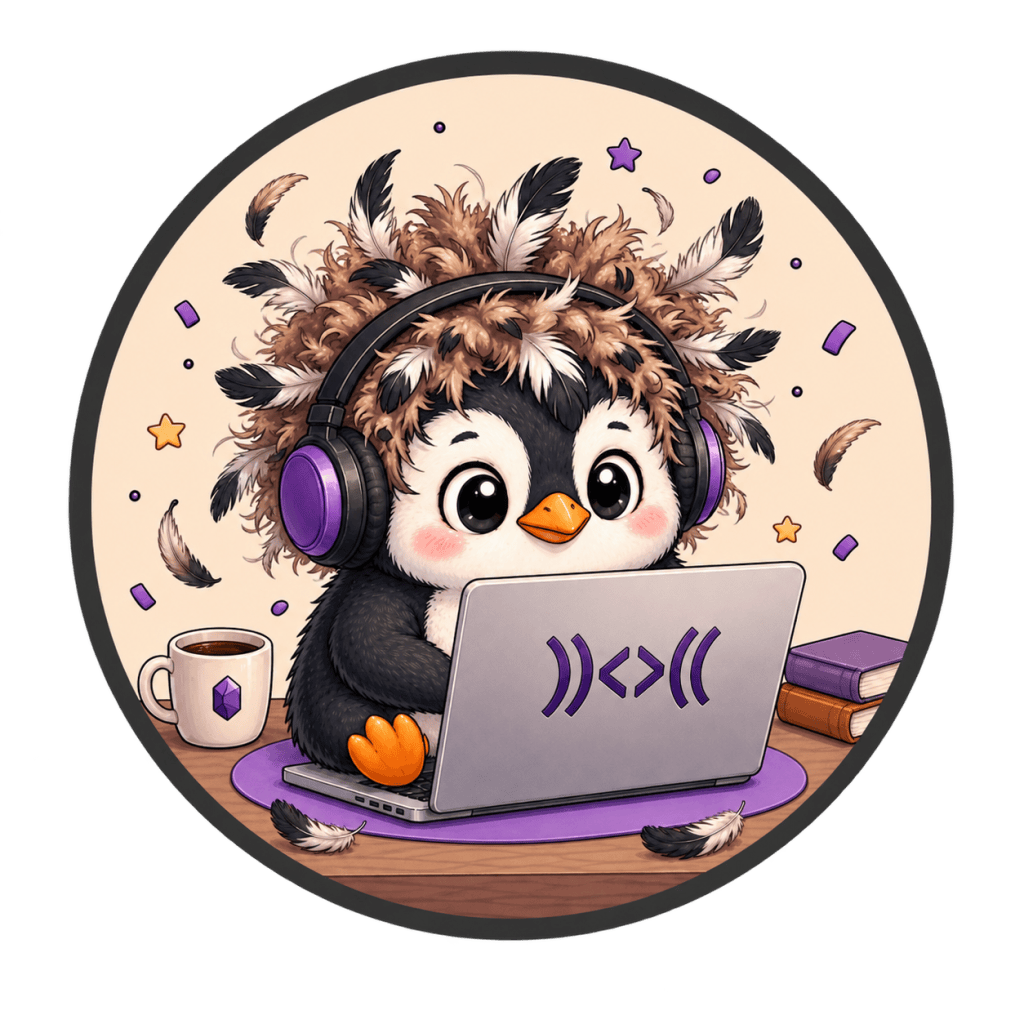 Jeffran the penguin wearing headphones while on his laptop